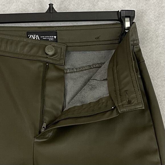 Zara Faux Leather Pants Womens Size Medium Olive Green Hi Rise Ankle Zip Legging - Picture 9 of 12